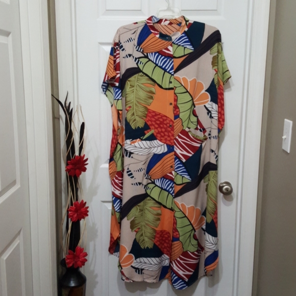 Beautiful Pocket Leaf Kaftan button down shirt dress One size fits all M/2X - Picture 2 of 4